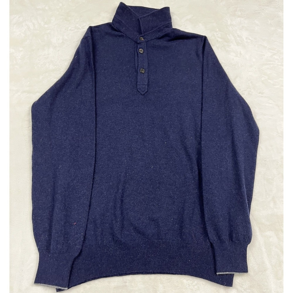 Brunello Cucinelli Cashmere Sweater Mens XL Navy Blue Mock Neck Button Placket